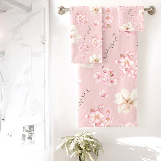 Blumenkohl Blossom Blumenrosa Badhandtuch Set (Watercolor Floral Cherry Blossom Floral Pink Bath Towel Set)