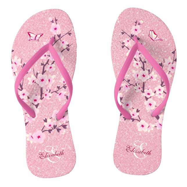 Blumenkohl Blüten Rosa Glitzer Name Monogramm Flip Flops (Fußbett)