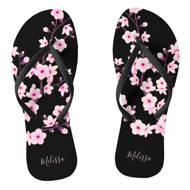 Blumenkohl Blüten Rosa Schwarze Monogramm Flip Flops (Fußbett)