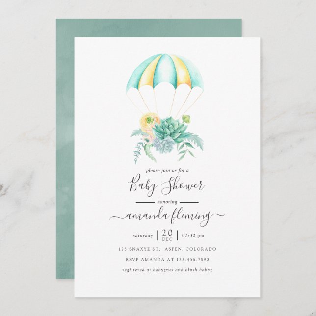 Blumenkohl Bouquet Parachute Babydusche Einladung (Vorne/Hinten)