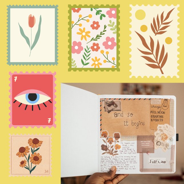 Blumenkohl-Briefmarke Aufkleber (Pretty retro scrapbooking artwork, floral stamps and vintage scrapbook background, old letter)