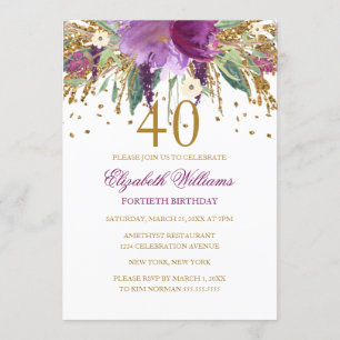 Blumenkohl-Glitzer Amethyst 40. Geburtstag Einladung