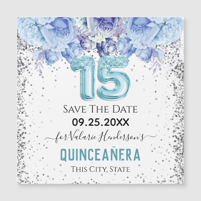 Blumenkohl-Glitzer Blue Quinceñera Save the Date Magnetkarte (Vorderseite)
