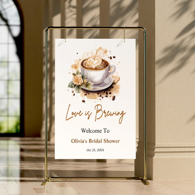 Blumenkohl-Liebe ist braunes Brautparty Willkommen Poster (Floral Love is Brewing Brown Coffee Bridal Shower Welcome Sign )