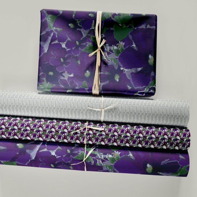 Blumenkohl Lila Clematis Trio Dekoupage Geschenk Geschenkpapier Set (Clematis Pretty Modern Chic Purple Vine Florals Wrapping Paper Sheets. Jenn Steffen-Studio Posies.)