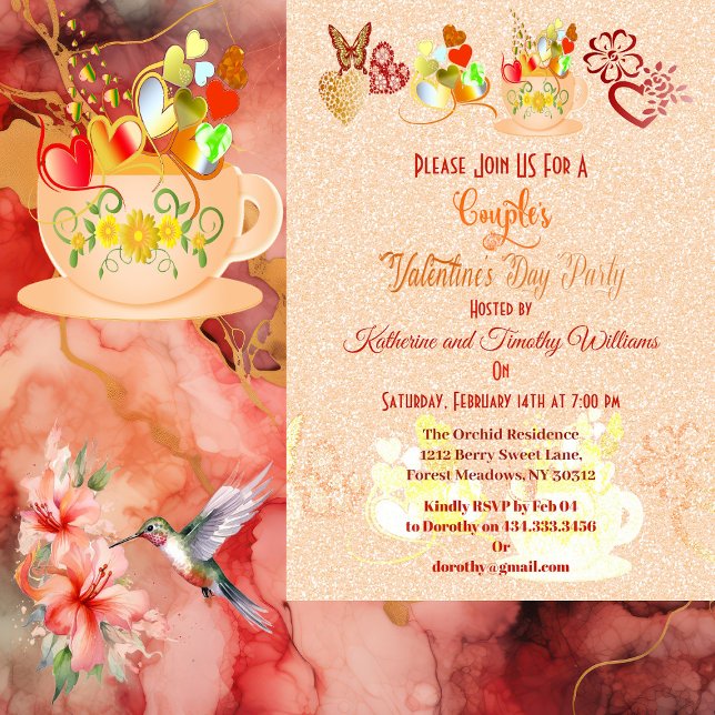 Blumenkohl Schmetterling Teacup Valentine Day Coup Einladung (Floral Heart Butterfly Teacup Valentine Day Couple Invitation)