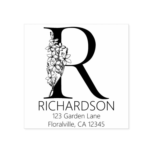 Blumenkopfbrief - R - Rücksendeadresse Monogramm Gummistempel (Prägung)