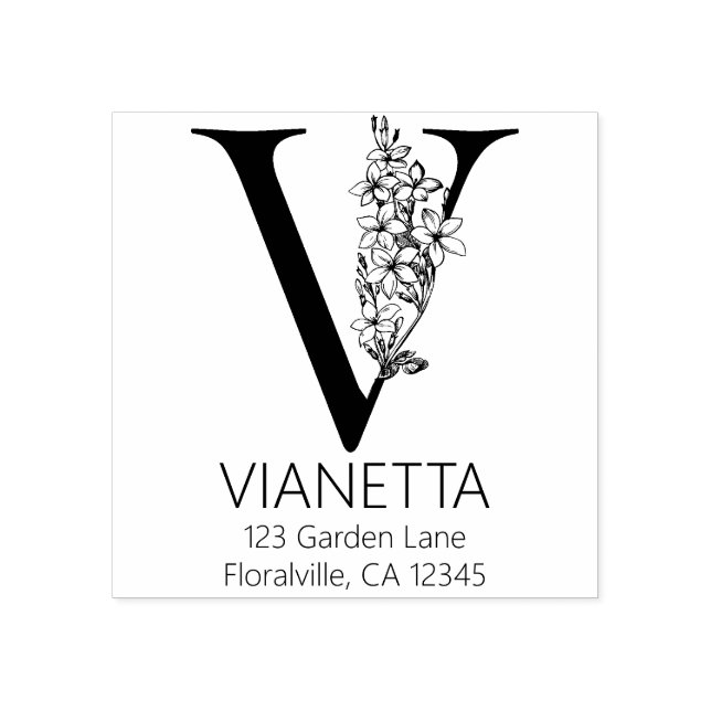 Blumenkopfbrief - V - Rücksendeadresse Monogramm Gummistempel (Prägung)