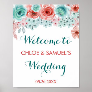 Blumenkoralle Pink Aqua Hochzeit Begrüßung Poster