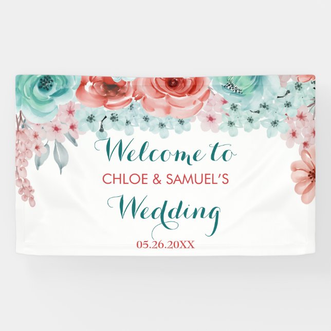 Blumenkoralle Pink Aqua Hochzeitstag Hintergrund Banner (Horizontal)