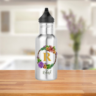 Blumenkranz Anfangsbuchstabe Monogramm Name Marmor Edelstahlflasche