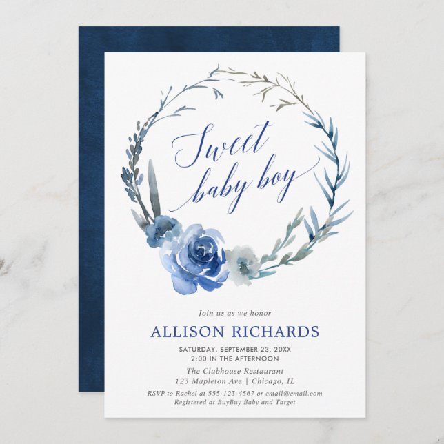 Blumenkranz für den süßen Baby Boy Einladung (Vorne/Hinten)