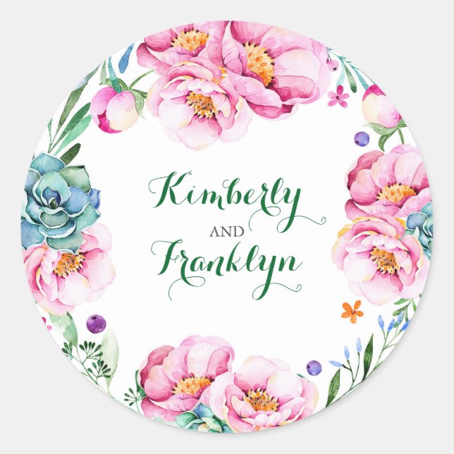 Blumenkranz Hochzeit mit moderner Aquarellfarbe Runder Aufkleber (Vorderseite)