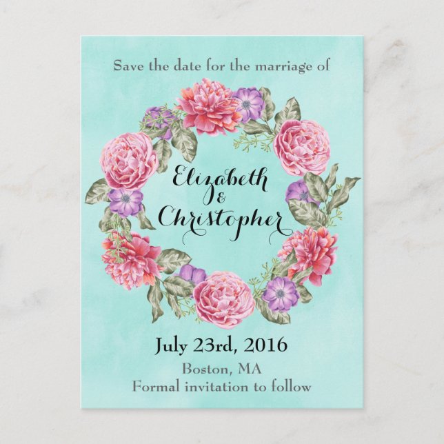 Blumenkranz-Hochzeit rettet das Datum Ankündigungspostkarte (Vorderseite)
