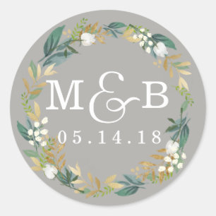 Blumenkranz Hochzeits-Monogramm-Aufkleber Runder Aufkleber