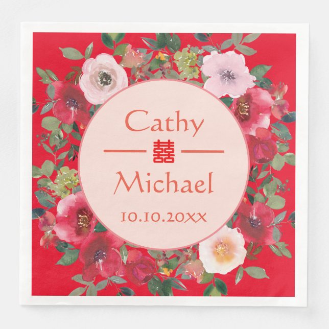 Blumenkranz im Roten Kreis, moderne chinesische Ho Serviette (Vorderseite)