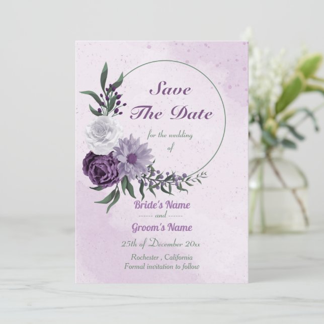 Blumenkranz, lila und weiß save the date (Stehend Vorderseite)