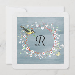 Blumenkranz mit Monogramm und Vogel Einladung