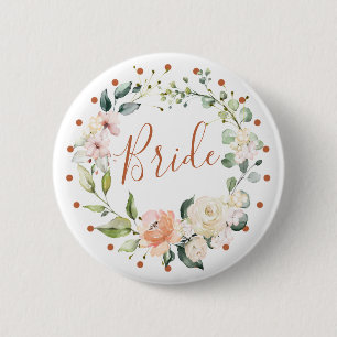 Blumenkranz und grüne Blätter, Polka dot Bride Button