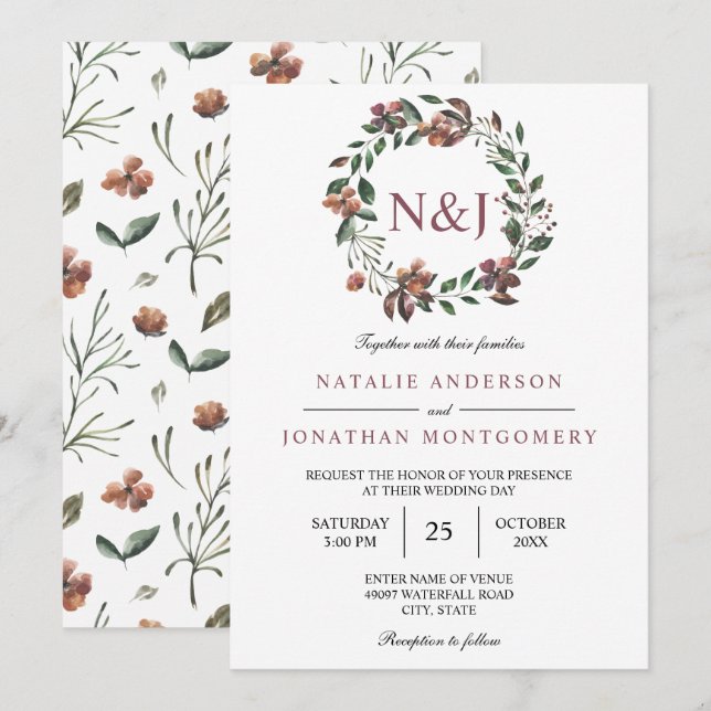 Blumenkränze in Aquarellen Blume Einladung (Vorne/Hinten)
