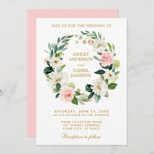 Blumenkraut, blau, weiß, goldfarben, Hochzeit P Einladung (Vorne/Hinten)