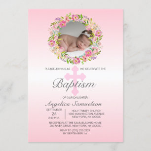 Blumenkraut Pink BAPTISM GIRL FOTO Einladung