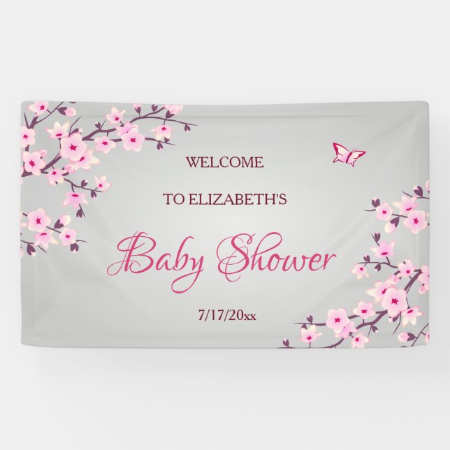 Blumenkrebs Blüten Rosa Graue Babydusche Banner (Horizontal)