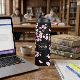 Blumenkrebs Blüten Rosa Schwarzer Name Monogramm Thermosbecher