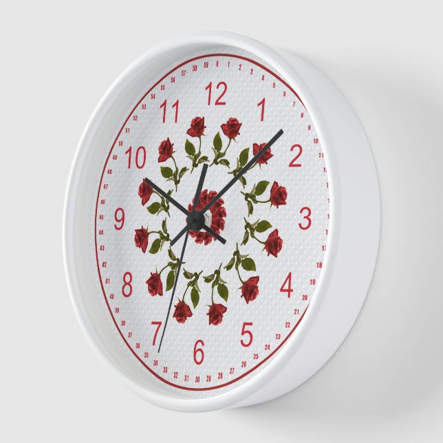 Blumenkreis, weißes Gittermuster, Rote Rosen Wanduhr (Winkel)