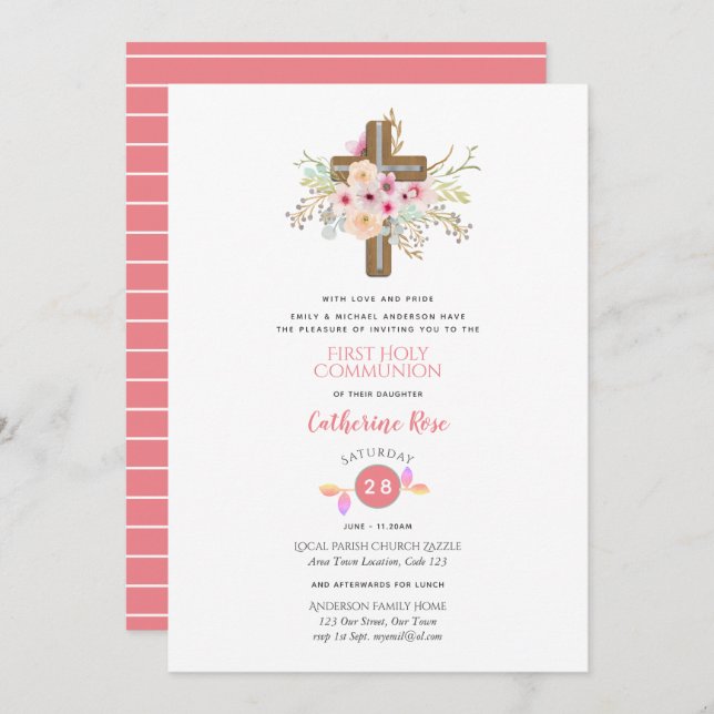 Blumenkreuz Erster KommunionsGirl Einladung (Vorne/Hinten)