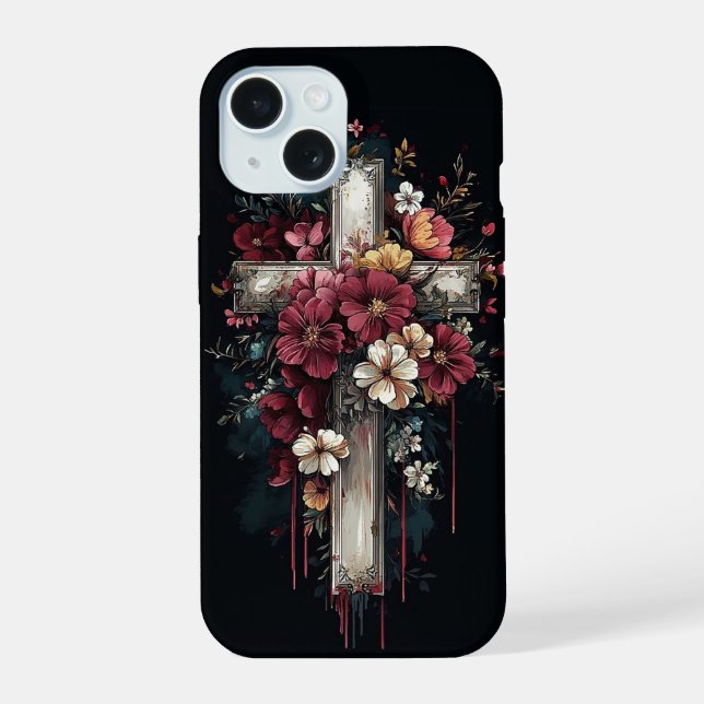 Blumenkreuz iPhone 15 Hülle (Rückseite)