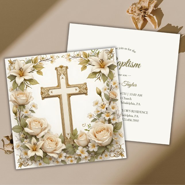 Blumenkreuz Katholische Taufe Christening Einladung (Floral Cross Catholic Baptism Christening Invitation)