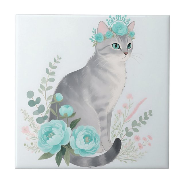 Blumenkronen-Graue Katze Fliese (Vorderseite)