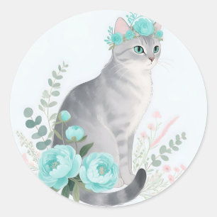 Blumenkronen-Graue Katze Runder Aufkleber
