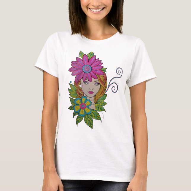 Blumenkronen-Mädchen Boho Art T-Shirt (Vorderseite)