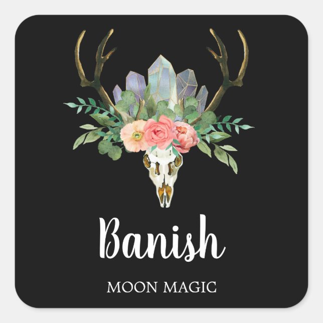 Blumenkrystal Skull Intention Candle Labels Quadratischer Aufkleber (Vorderseite)