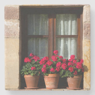 Blumenkübel am Fenster im Dorf Steinuntersetzer