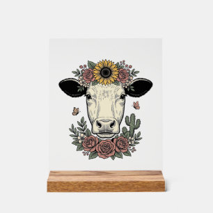 Blumenkuhkopf im Vintage-Stil Gravur Design_1 Acrylschild