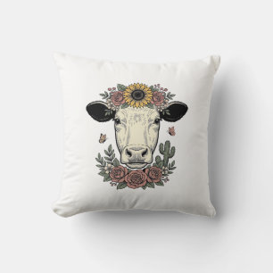 Blumenkuhkopf im Vintage-Stil Gravur Design_1 Kissen