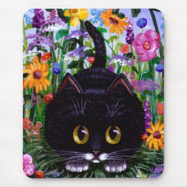 Blumenkunst-Schwarzestuxedo-Katzen-Blumen Mousepad (Vorne)