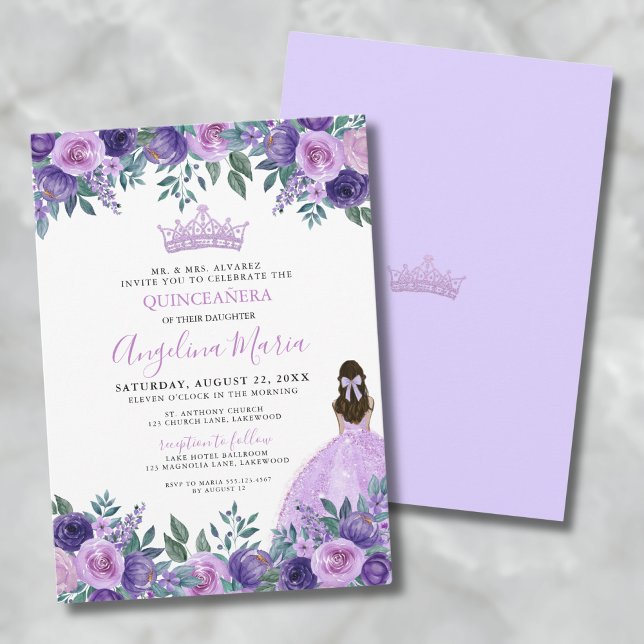 Blumenladen Lila Quinceanera Einladung (Floral Purple Quinceanera Invitation)
