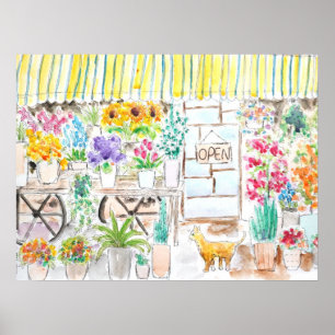 Blumenladen und Katze Tinte und Aquarell Poster