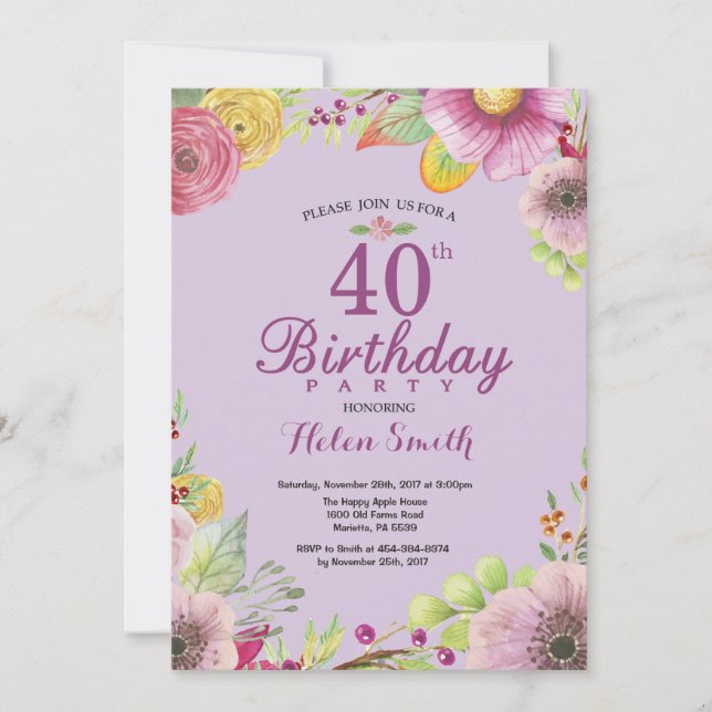 Blumenladen zum 40. Geburtstag Lila Einladung (Vorderseite)