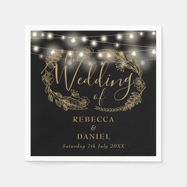 Blumenlampen, Schwarz und Gold Hochzeit Serviette (Vorderseite)