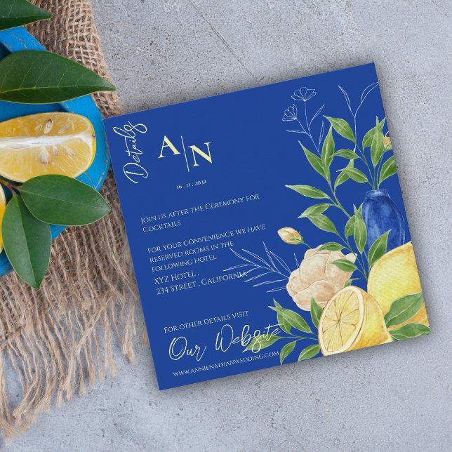 Blumenlemon Mediterrane Hochzeiten Details Begleitkarte (Blue Floral Lemon Mediterranean Wedding Details Enclosure Card)