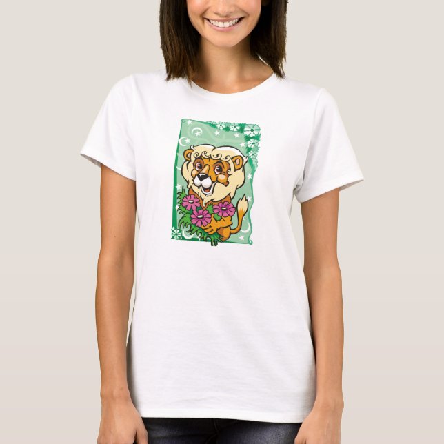 Blumenleo Lion, rosa Blume T-Shirt (Vorderseite)