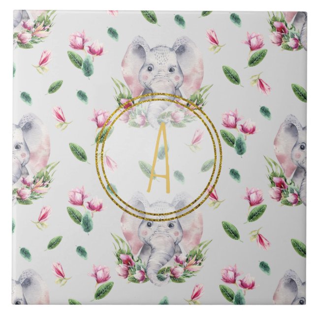 Blumenlephant Monogram Girl Pink Bedroom Kinderzim Fliese (Vorderseite)