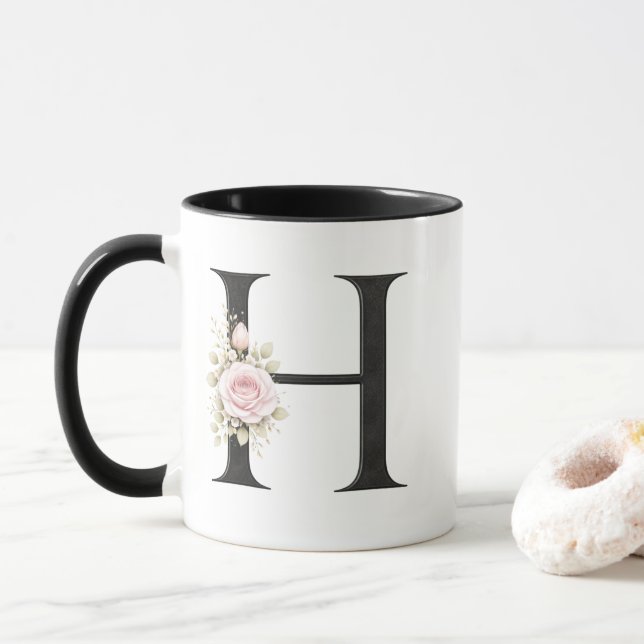 Blumenletter H Monogramm | Elegantes Anfangsbuchst Tasse (Mit Donut)