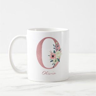 Blumenletter O Initiale - rosa und elfenbeinfarben Kaffeetasse