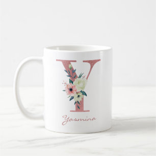 Blumenletter Y Initiale - rosa und elfenbeinfarben Kaffeetasse